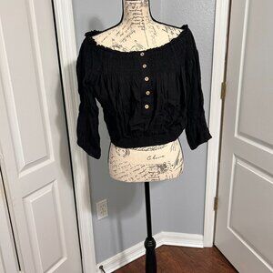 Newbury Kustom Womens Large Black Off Shoulder Cropped Peasant Blouse